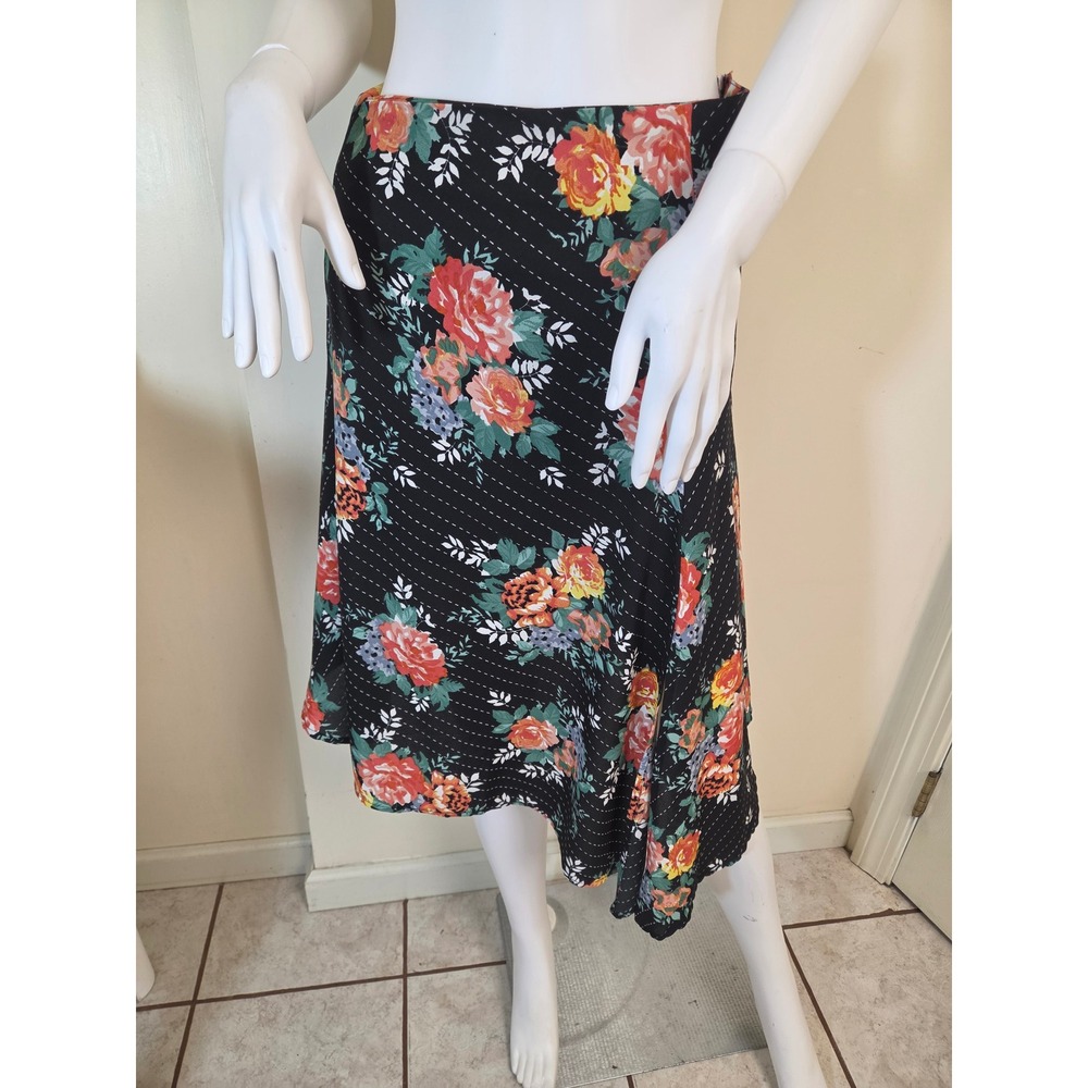 Walter‎ Baker Black Floral Handkerchief Hem Midi Skirt Size 2 Rose Pinstripe